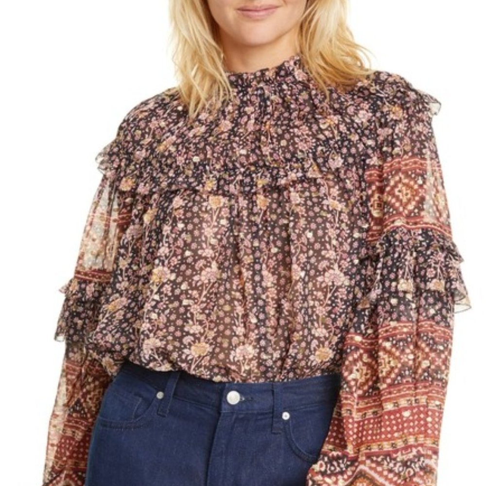 NEW Ulla Johnson Eleni Jacquard Dot Silk Blouse